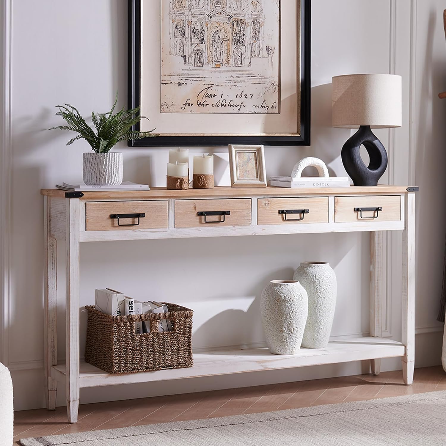 RUSTOWN Farmhouse Console Table with 4 Drawer, 60' Long Rustic Entryway Table with Open Storage Shelves and Handmade Metal Handle, Narrow Foyer Sofa Table for Living Room, Entryway, Hallway(White)