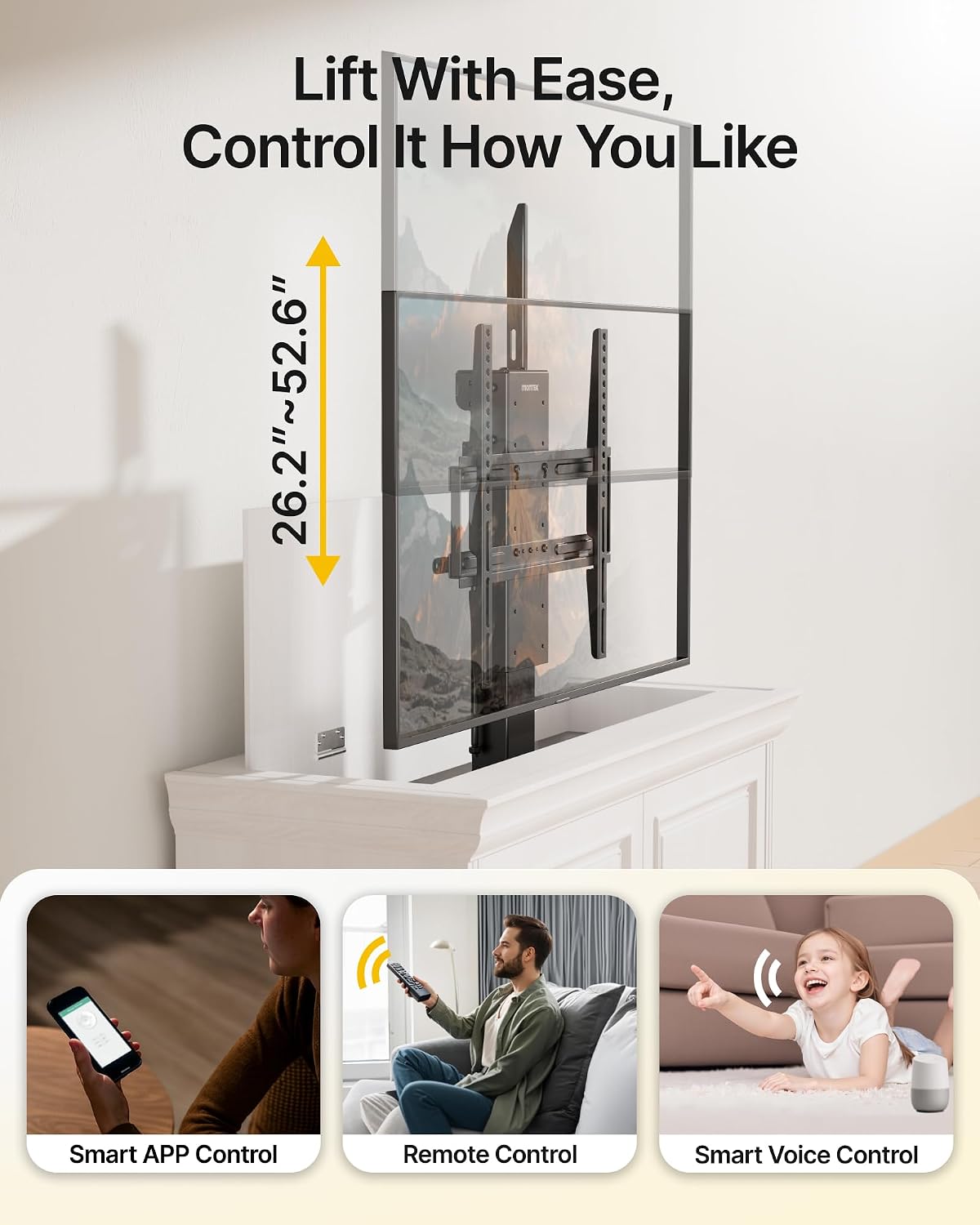 monTEK Motorized TV Lift for 32-48 inch TVs, Ceiling&Vertical TV Lift Mechanism with RF Remote, Smart Phone & Voice Control via WiFi, Up to 132lbs, 4X Load Tested, Max VESA 400 * 400