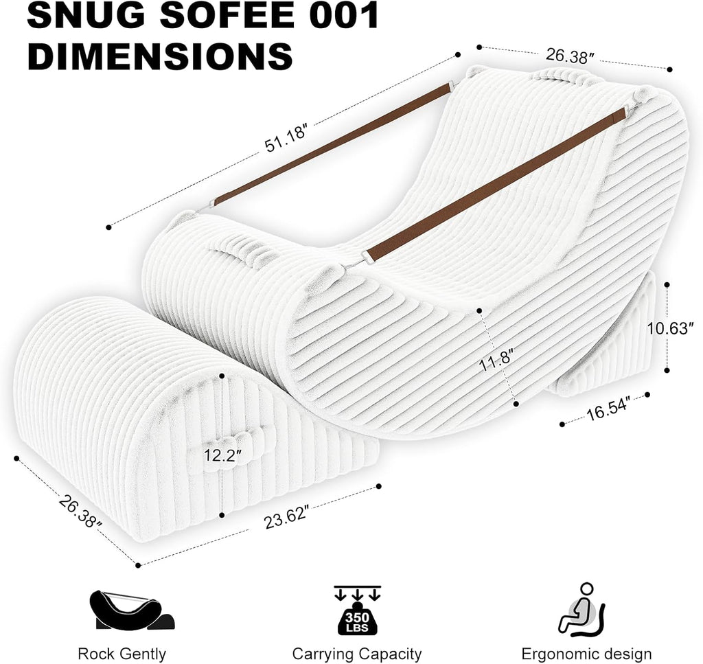 3-in-1 Adjustable Zero Gravity Floor Chair, Oversized Corduroy Boneless Chair for Adults with Memory Foam & Washable Cover, Silent Rocker Recliner Lounge Chair for Reading, Nursing, Gaming, White