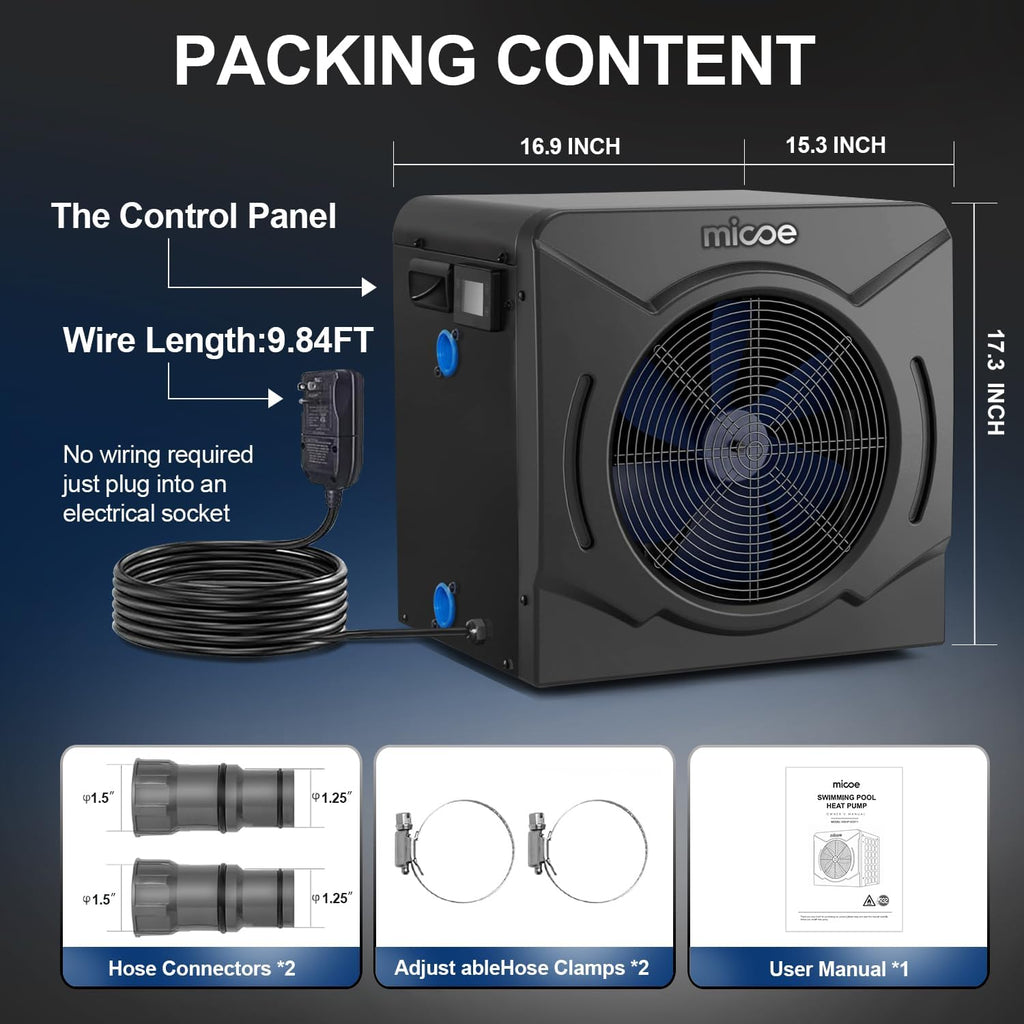 MICOE 18000 BTU Swimming Pool Heat Pump, Pool Heater for Above Ground & Inground Pools, Heating and Cooling up to 5,500 Gallons, High Efficiency COP 4.88, App Control, Titanium Heat Exchanger
