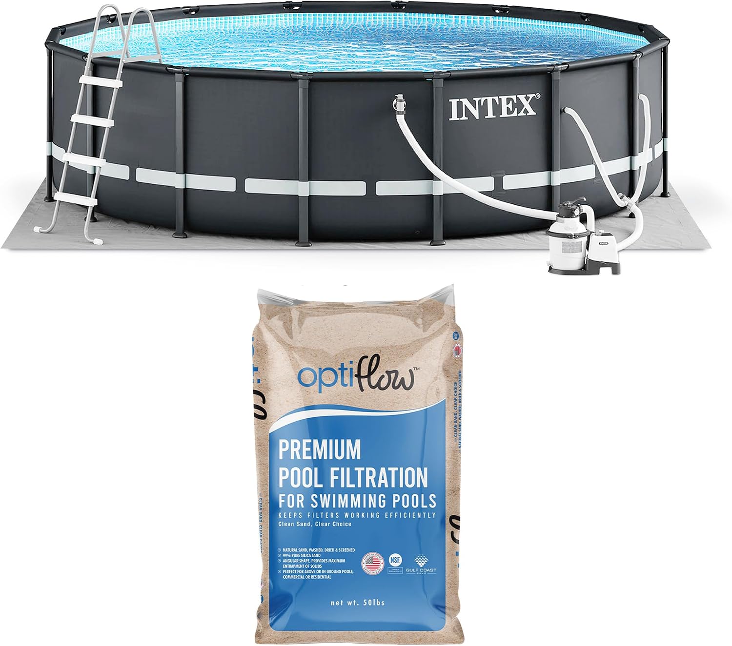 Intex Above Ground Swimming Pool Set, Ultra XTR 14' x 42' Round Frame Bundled with OptiFlow Premium Pure Silica Filter Pool Sand, 50 lb Bag