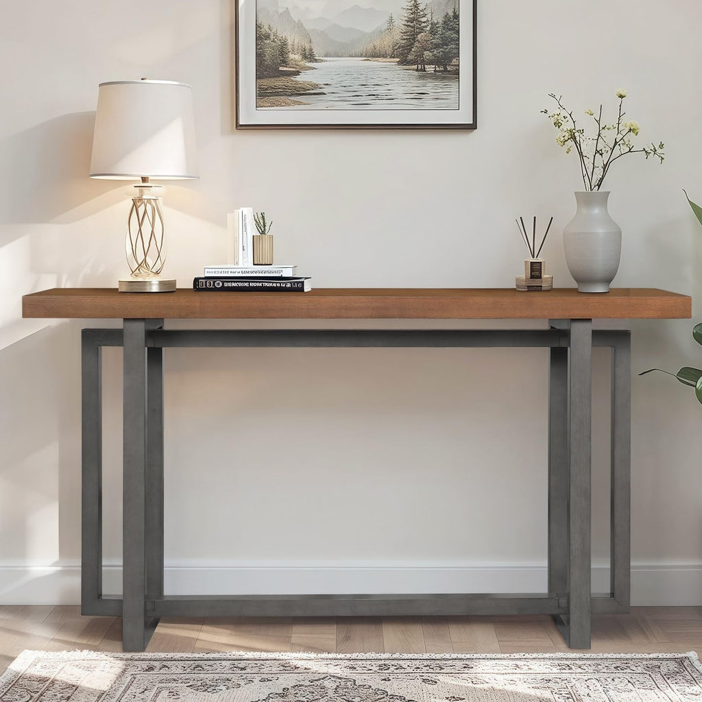 LKTART 59.05-Inch Long Behind Couch Sofa Table for Living Room, Farmhouse Console Table with Storage, Narrow Accent Entryway Tables for Hallway Entrance Foyer (Brown+Grey)