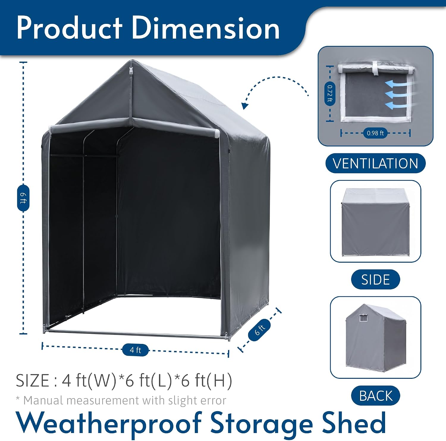 HOTEAGLE Sheds & Outdoor Storage, 3/4 inch Thick Support Rods & Bolted Frame (Not Socket), Rolled Up Doors and Ventilation Window, Portable Garage 6 x 4 ft