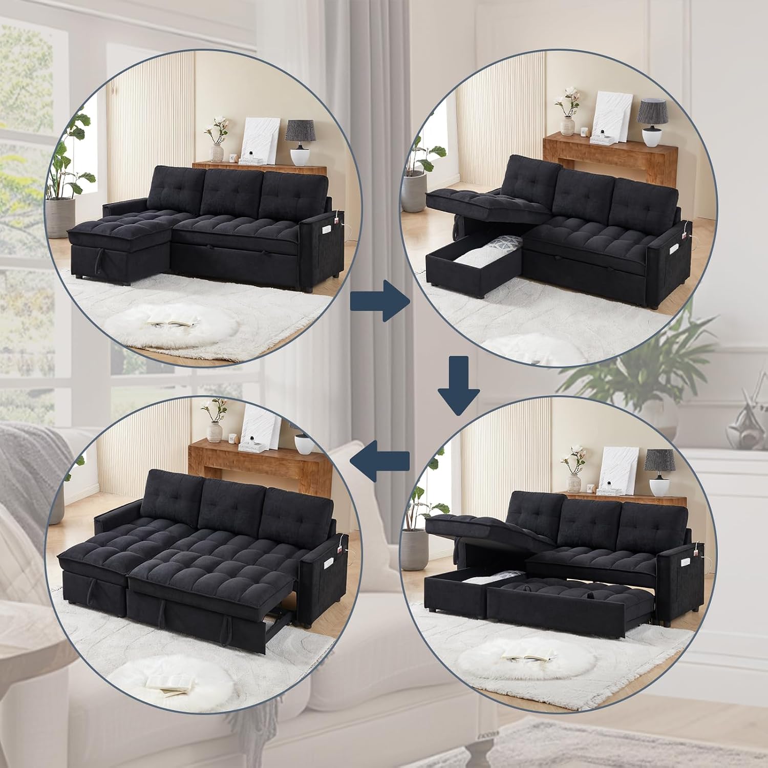 78.75' Sleeper Sofa Couch,Modern L-Shaped Couches, Pull Out Couch with USB Ports&Side Pocket,Sleeper Sectional Sofa for Living Room Apartment,Chenille,Black