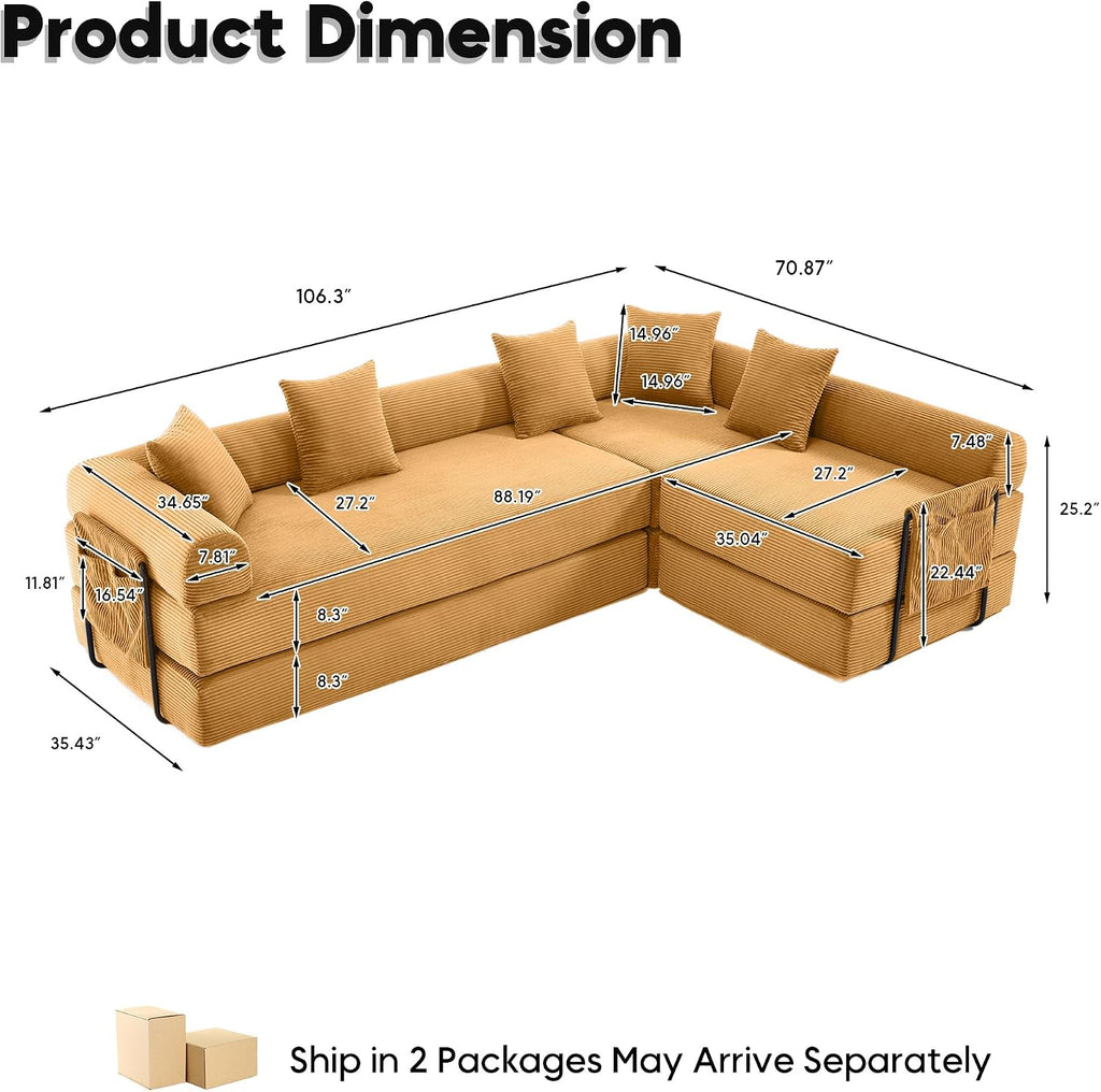 Oversized Modular Cloud Couch for Living Room, Corduroy L-Shaped Sectional Sleeper Sofa Bed with Fixed-Shape Frame, Modern Boneless Couch with Pillows & Storage, Yellow