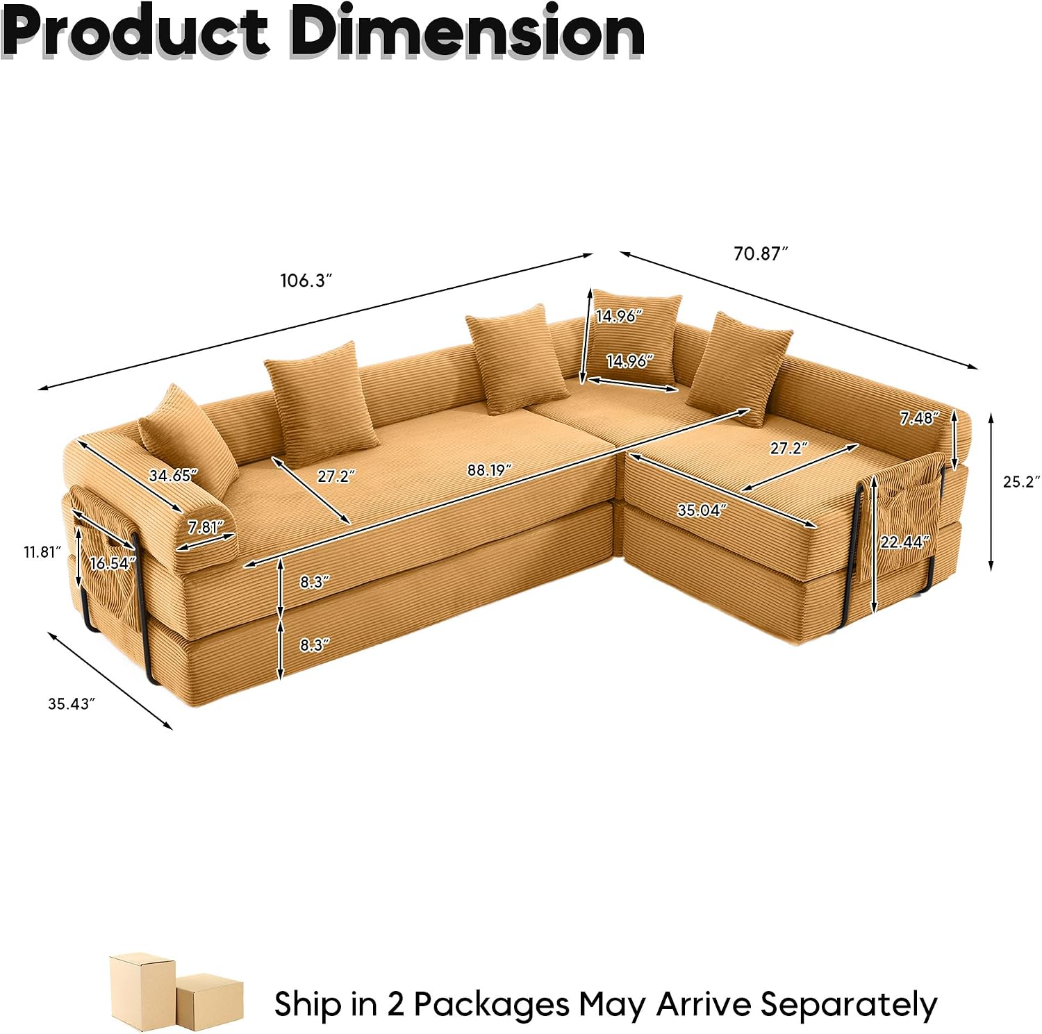 Oversized Modular Cloud Couch for Living Room, Corduroy L-Shaped Sectional Sleeper Sofa Bed with Fixed-Shape Frame, Modern Boneless Couch with Pillows & Storage, Yellow