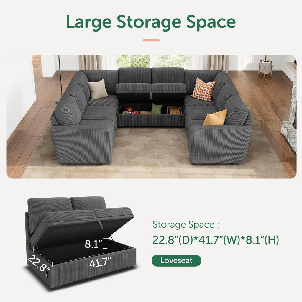 HONBAY Modular Sectional Pull Out Couch Bed, Corduroy Sleeper Sofa with Storage Seats, Oversized U Shaped Sectional Couches for Living Room, Dark Grey