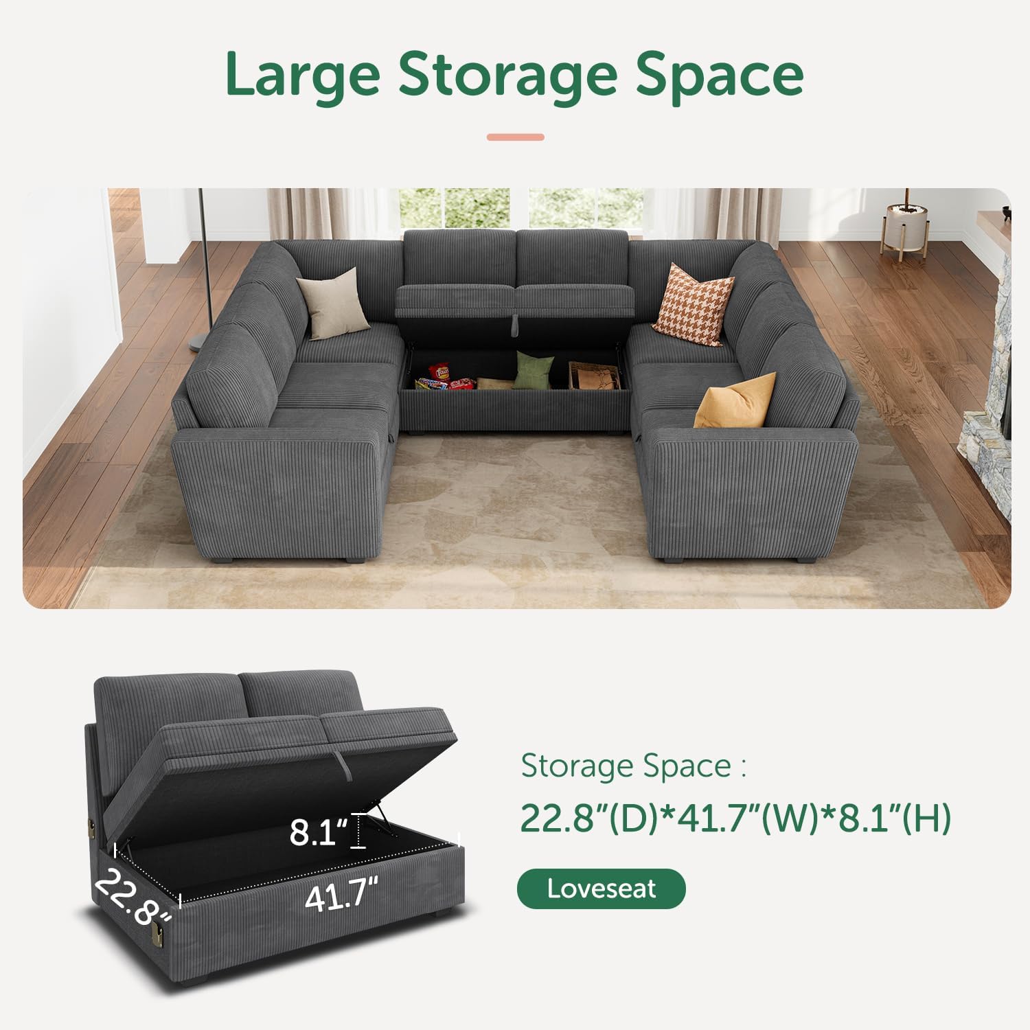 HONBAY Modular Sectional Pull Out Couch Bed, Corduroy Sleeper Sofa with Storage Seats, Oversized U Shaped Sectional Couches for Living Room, Dark Grey