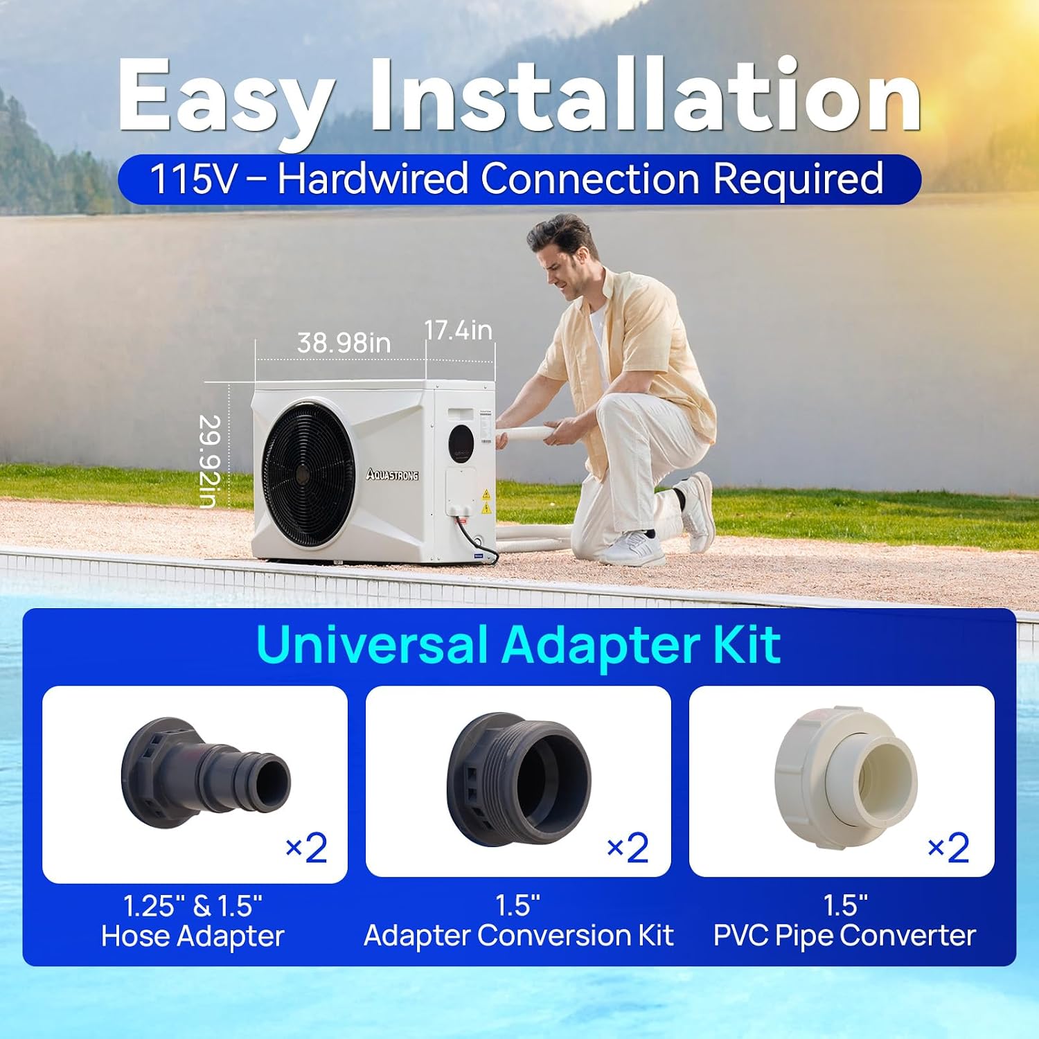 AQUASTRONG Inverter Swimming Pool Heat Pump,Pool Heater for Above Ground and Inground Pool Heating Smart WiFi Control and Cooling Pool Heater Pools Up to, 9000 Gallons