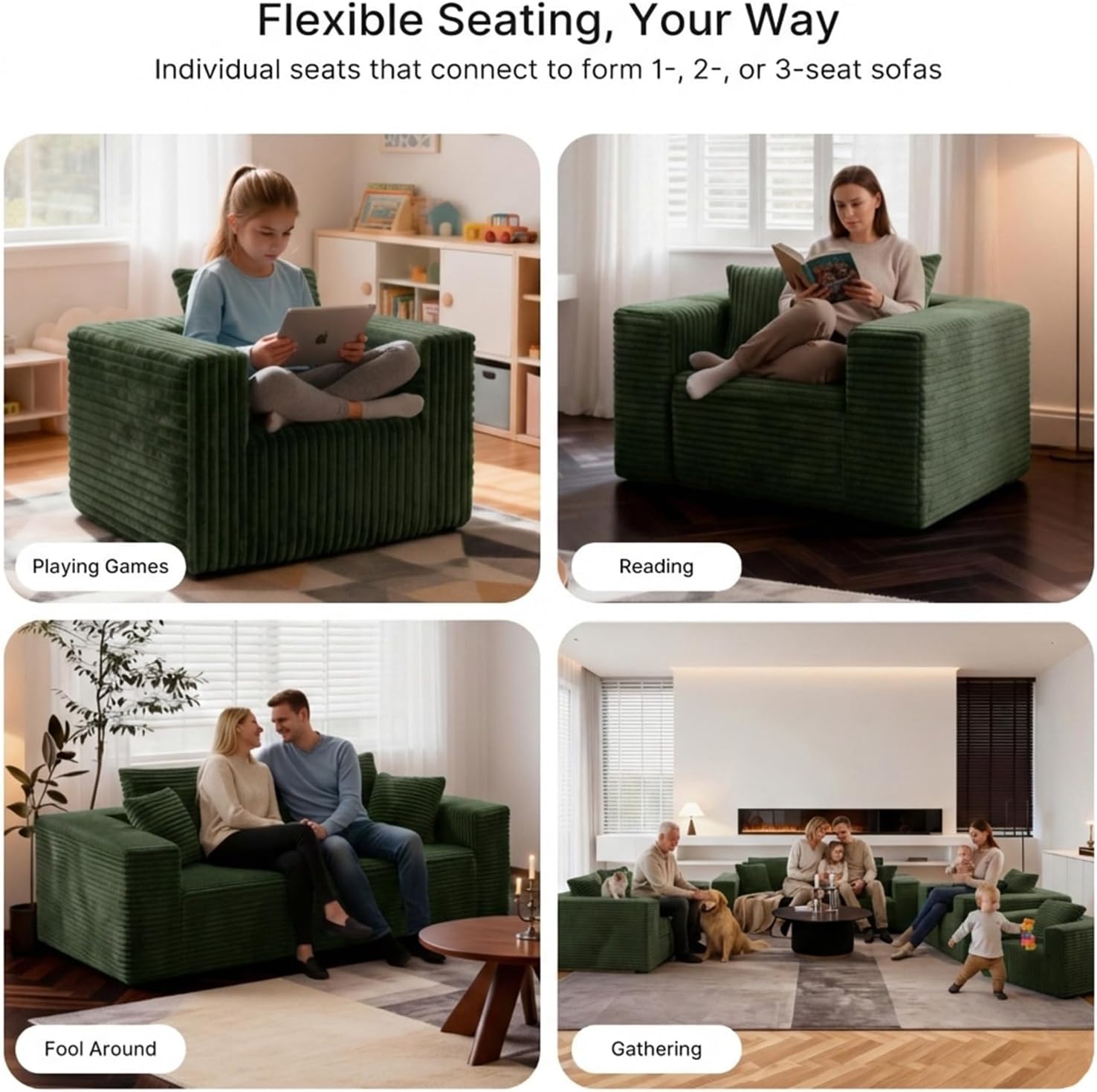3-Seater Deep-Seat Corduroy Lounge Sleeper Sofa, No Assembly Frameless Foam Cloud Couch, Comfy Plush for Living Room Bedroom Apartment Dorm Office（Green）