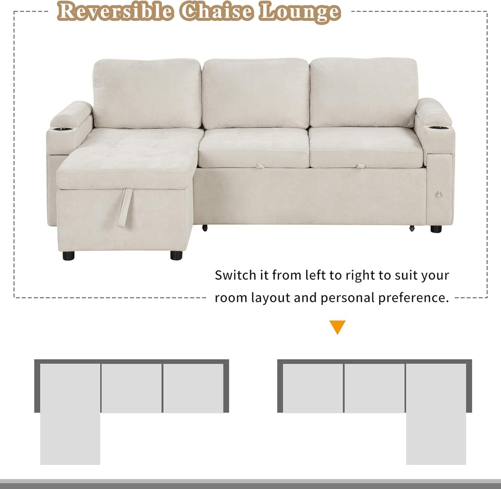 Merax Modern 83.5' L-Shaped Sectional Sofa with Pull-Out Sleeper Bed, USB Ports & Cup Holders, Chenille 3-Seat Couch with Storage Chaise Lounge, Side Pocket & Drawers for Living Room, Beige