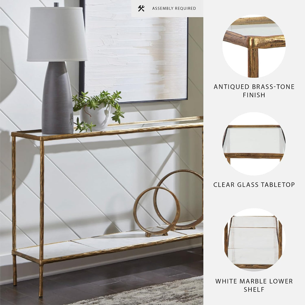 Signature Design by Ashley Ryandale Console Sofa Table, Glass Tabletop, White Marble Lower Shelf, Sand Casted Aluminum, 52' W x 12.5' D x 32.75' H, Antique Brass Finish