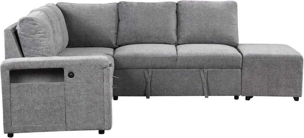 LUMISOL 90' Convertible Sleeper Sofa Bed with Ottoman, L-Shaped Sectional Sofa Bed with USB Ports, Cup Holders & Storage, Modular Sofa Pull Out Couch Bed with Storage Chaise for Living Room, Gray