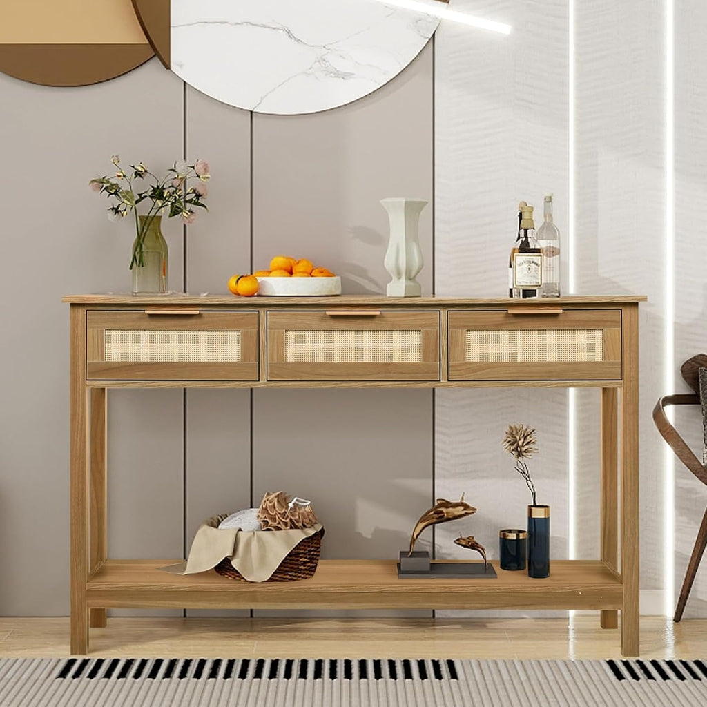 LAZZO Rattan Console Table Boho Entryway Table Narrow Long Sofa Table Hallway Foyer Table Behind Couch Table with 3 Drawers and Open Storage Shelf for Living Room and Corridor Brown