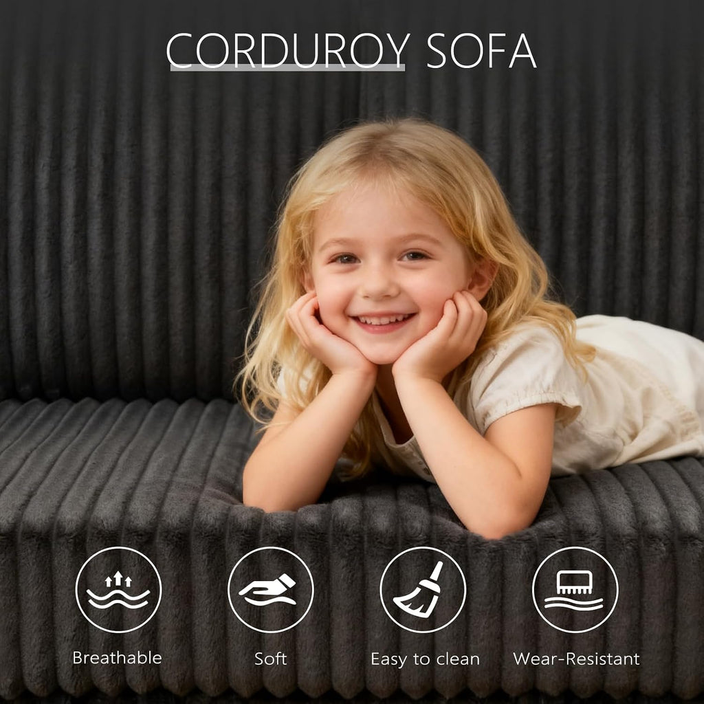 81' Modular Sectional Sofa, L Shaped 5-Seater Sleeper Sofa with Pull Out Bed, Hidden Storage& USB Charging Ports, Sectional Couches for Living Room(Corduroy, Black Grey)