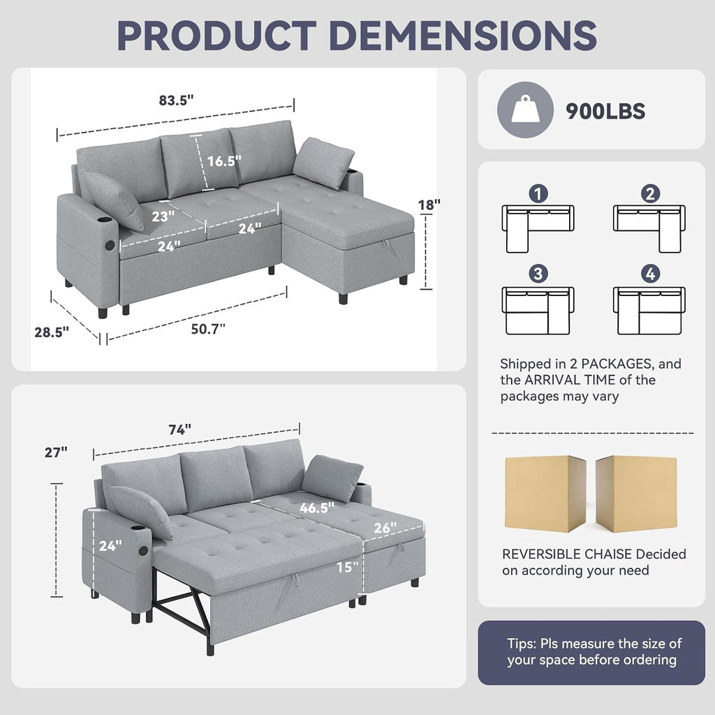 Esright 84'' Sleeper Sofa Bed, L Shaped Sectional Convertible Pull Out Couch with Storage Chaise for Living Room, Sleeper Sofa Couch with Pullout Bed, USB, Cup Holder, Side Pocket(Light Gray, Linen)