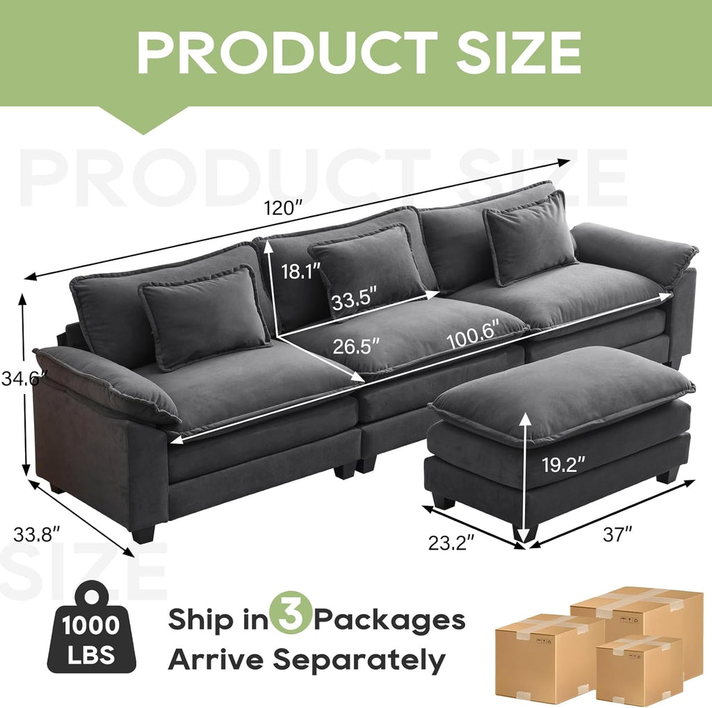 Oprisen 120' Modular Sectional Sofa, Comfy Cloud Couch Sectional Sofa with Ottoman, Velvet Sofa Sleeper Deep Seat Sofa with Throw Pillows for Living Room (Blue Gray, 120'- L Shape)