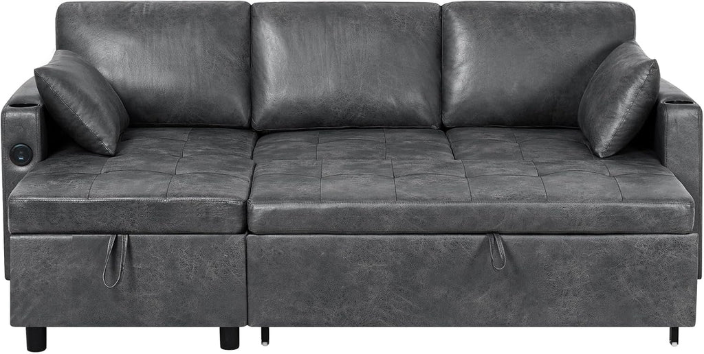 84 inches Suede Leather Sleeper Sofa w/Pull Out Bed, L-Shape Sectional Sofa Bed w/Adjustable Backrest and Storage Chaise, 3-Seats Upholstered Sofa Bed w/USB Port for Living Room, Grey