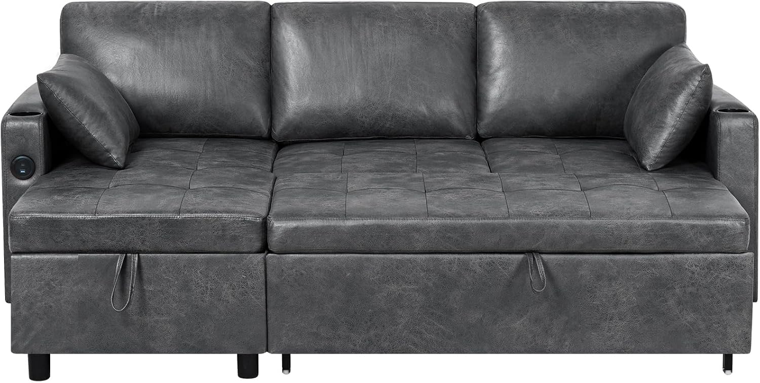 84 inches Suede Leather Sleeper Sofa w/Pull Out Bed, L-Shape Sectional Sofa Bed w/Adjustable Backrest and Storage Chaise, 3-Seats Upholstered Sofa Bed w/USB Port for Living Room, Grey