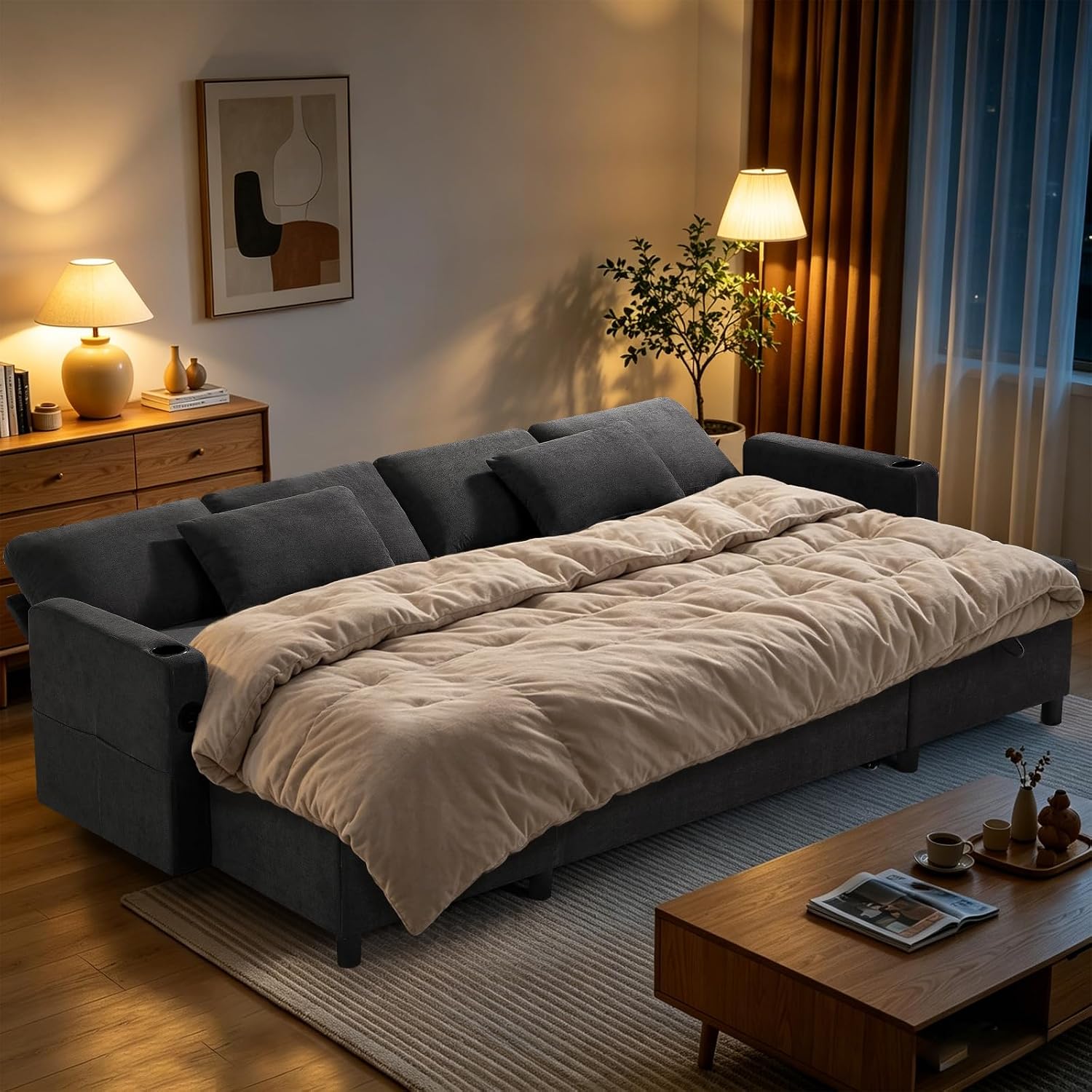 110' Fabric Pull-Out Couch Bed w/Adjustable Backrests, Sectional Sleeper Sofa w/USB Ports & 2 Cup Holders, Upholstered U-Shaped Couch w/Storage Chaise for Living Room, House, Grey