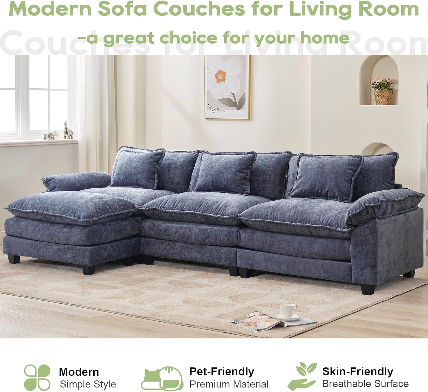 Oprisen 120' Modular Sectional Sofa, Comfy Cloud Couch Sectional Sofa with Ottoman, Chenille Sofa Sleeper Deep Seat Sofa with Throw Pillows for Living Room (Blue, 120'- L Shape)