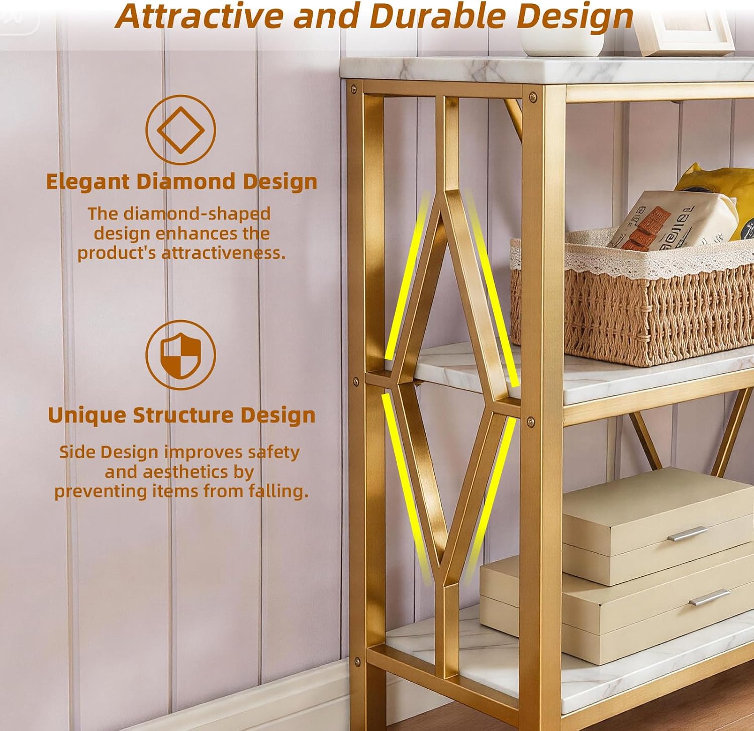HOMISSUE Sofa Console Table, Rustic Console Table with 3-Tier Storage, Engineered Wood Sofa Tables with Open Shelves, Heavy Duty Entryway Tables for Living Room, Hallway (47 Inch, Gold)