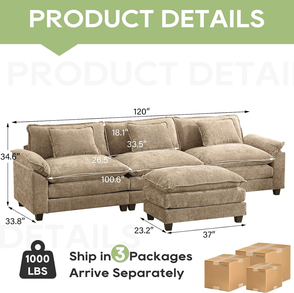 Oprisen 120' Modular Sectional Sofa, Comfy Cloud Couch Sectional Sofa with Ottoman, Chenille Sofa Sleeper Deep Seat Sofa with Throw Pillows for Living Room (Khaki, 120'- L Shape)