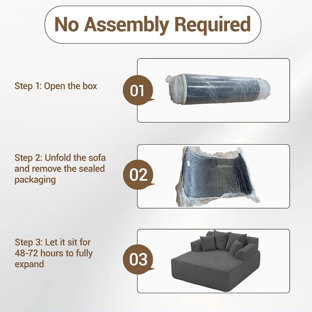 58' Oversized Boneless Chair, Corduroy Lounge Chaise Chair Indoor Sleeper Sofa Bed with Arms and 4 Pillows, No Assembly for Bedroom Living Room, Grey