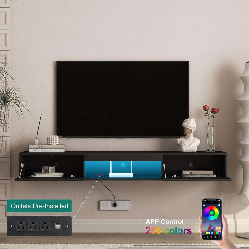 KEIKI 69' LED TV Stand with 16-Color Lights, Modern Entertainment Center TV Cabinet with Storage for 55–65' TVs, Media Console Table for Living Room, Black