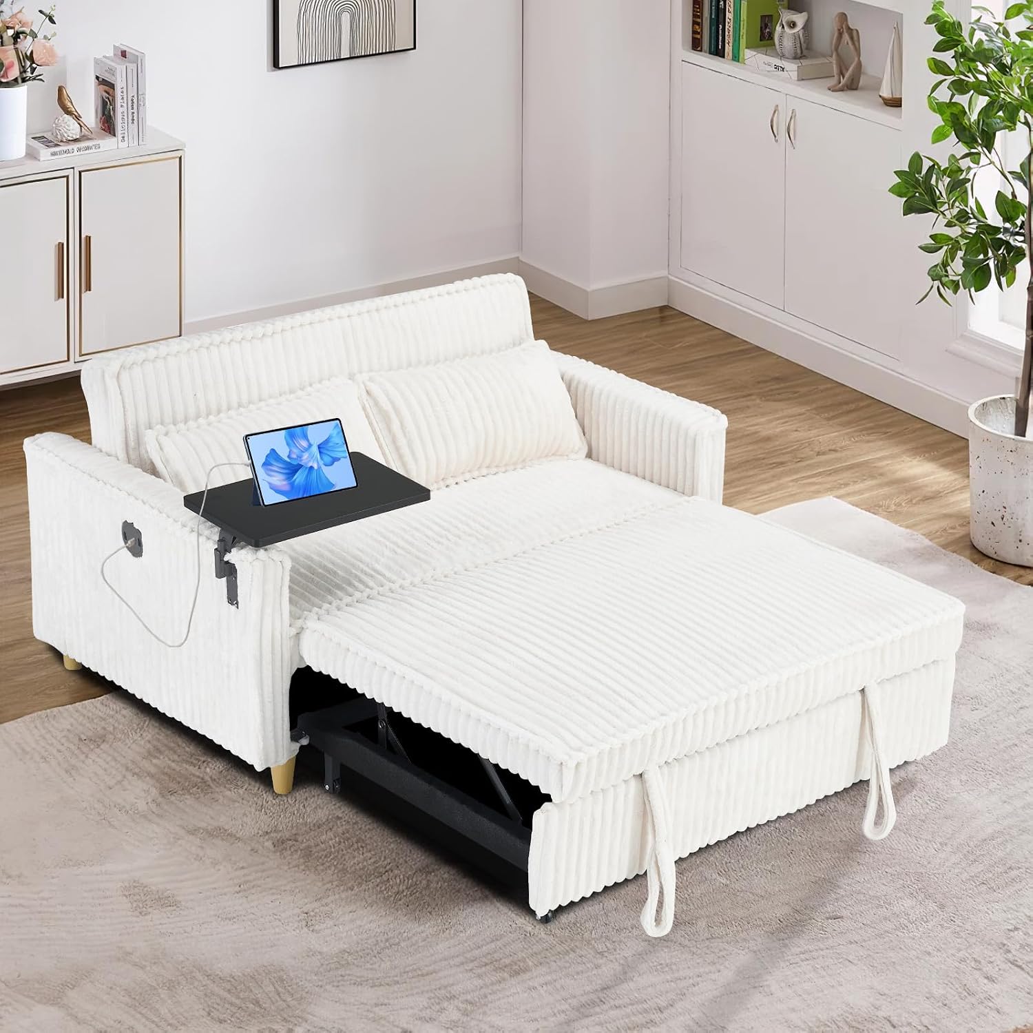 54'W Convertible Sleeper Sofa Bed,3-In-1 Corduroy Pull Out Couch Bed,Futon Loveseat Sleeper Couch with Adjustable Backrest & USB Ports & Side Table,Recliner for Office/Living Room/Small Space(Beige)