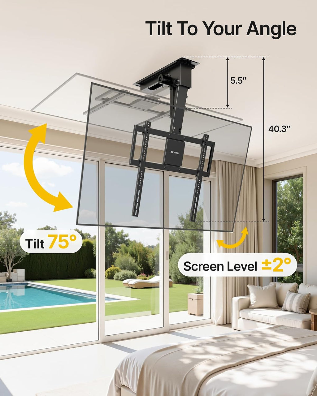 monTEK Motorized Ceiling TV Mount for 32-75 Inch TVs up to 121lbs, Heavy-Duty Electric Flip Down Ceiling Mount, Off-Center TV Compatible, Remote/App/Voice Control, Fits Flat & Pitched Roof