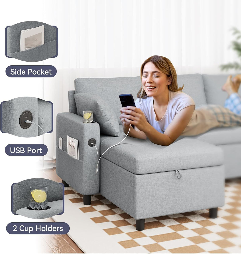 Esright 84'' Sleeper Sofa Bed, L Shaped Sectional Convertible Pull Out Couch with Storage Chaise for Living Room, Sleeper Sofa Couch with Pullout Bed, USB, Cup Holder, Side Pocket(Light Gray, Linen)