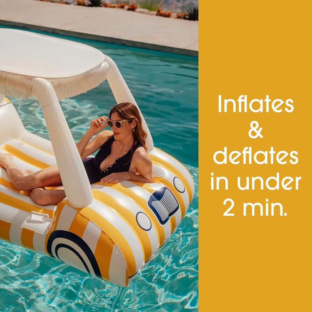 FUNBOY Yellow & White Cabana Striped Golf Cart Pool Float 90' Long, Two Cup Holders, Removable Fringe Shade, Float for Summer Pool Party and Entertainment