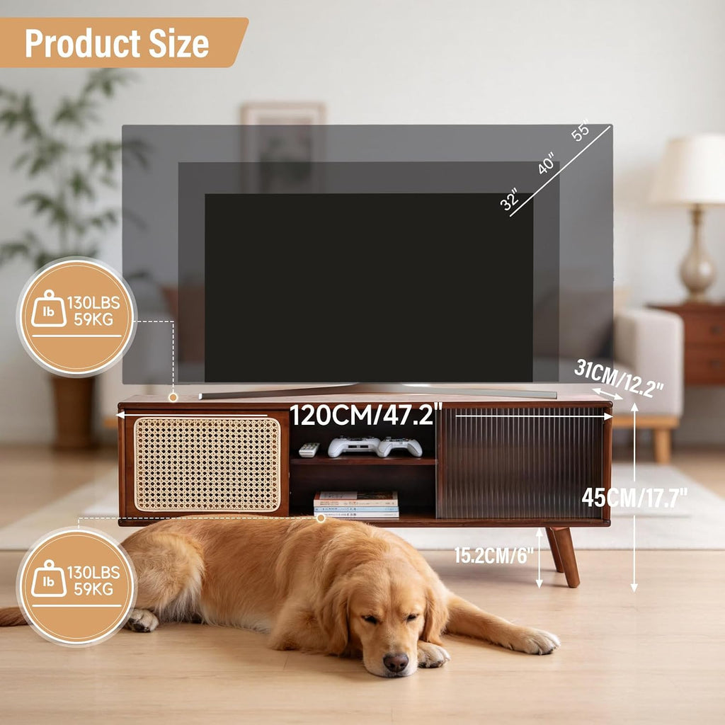 Tiita Rattan TV Stand for 55 Inch TV, Bamboo TV Cabinet with Adjustable Shelf and Storage, Boho Entertainment Center, Mid Century Modern Media Console for Bedroom, Living Room, Study, Walnut