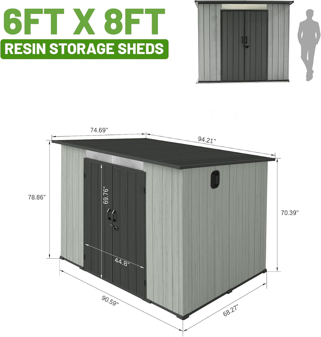 6x8 FT Outdoor Resin Storage Shed with Mats, All-Weather Sloping Plastic Storage Sheds with Lockable Doors & Vents, Outside Tool Storage Shed for Backyard, Garden, Mower, Bike & Pool Equipment