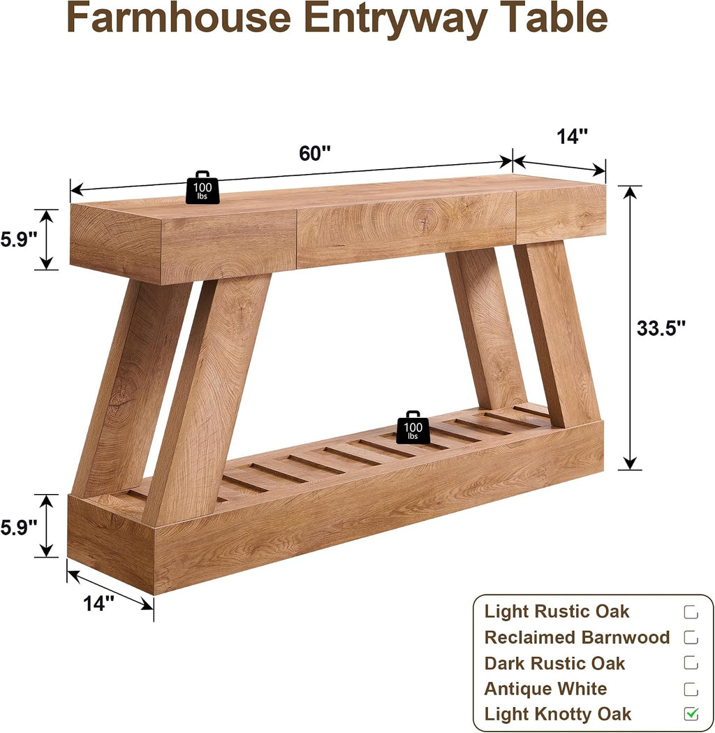 60' Farmhouse Entryway Table with Drawer, Wooden Hallway Foyer Table with Heavy Duty Base, Sofa Table for Living Room(Light Knotty Oak)