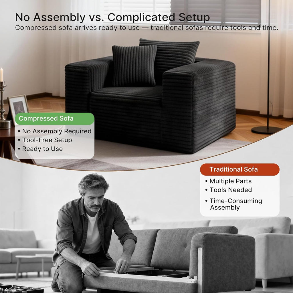 Single Cloud Sofa, High Backrest Wider Armrest Memory Foam Boneless Couch, Comfy Faux Fur Pillowed Single Seater No Assembly for Small Spaces Bedroom Dorm Office（Black）