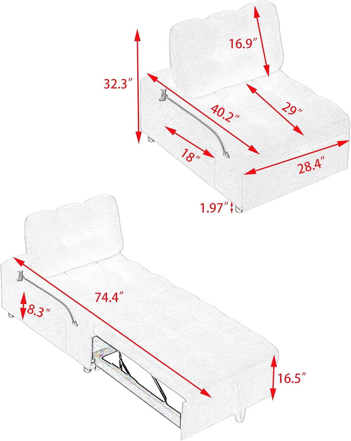 Majnesvon Modern Teddy Fabric Sofa Bed Futon,3 in 1 Convertible Pullout Bed Couches with 3 Reclining Backrests,Phone Stand,Small Sofa Single Sleeper Chair Bed for Living Room Bedroom (Orange)