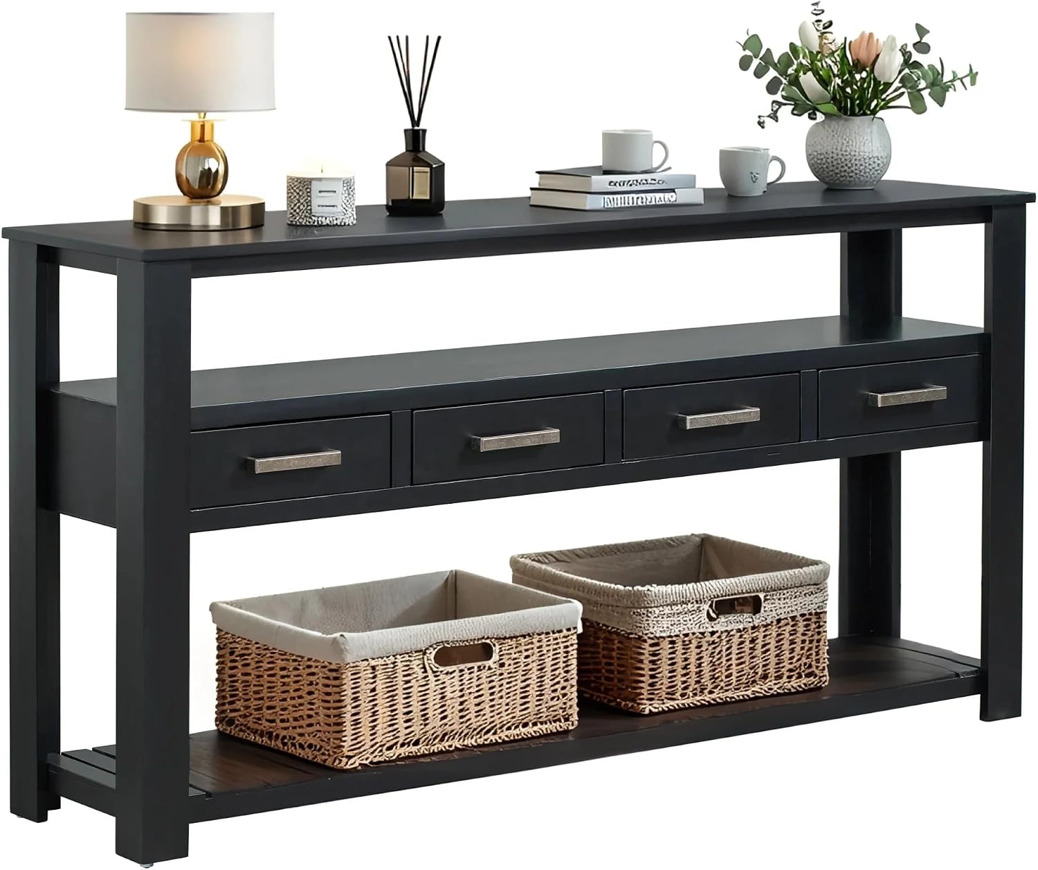 LKTART Console Table for Entryway with 4 Drawers,61.5'' Long Sofa Table with 3-Tier Open Shelves,Entry Table for Hallway,Foyer,Living Room,Black