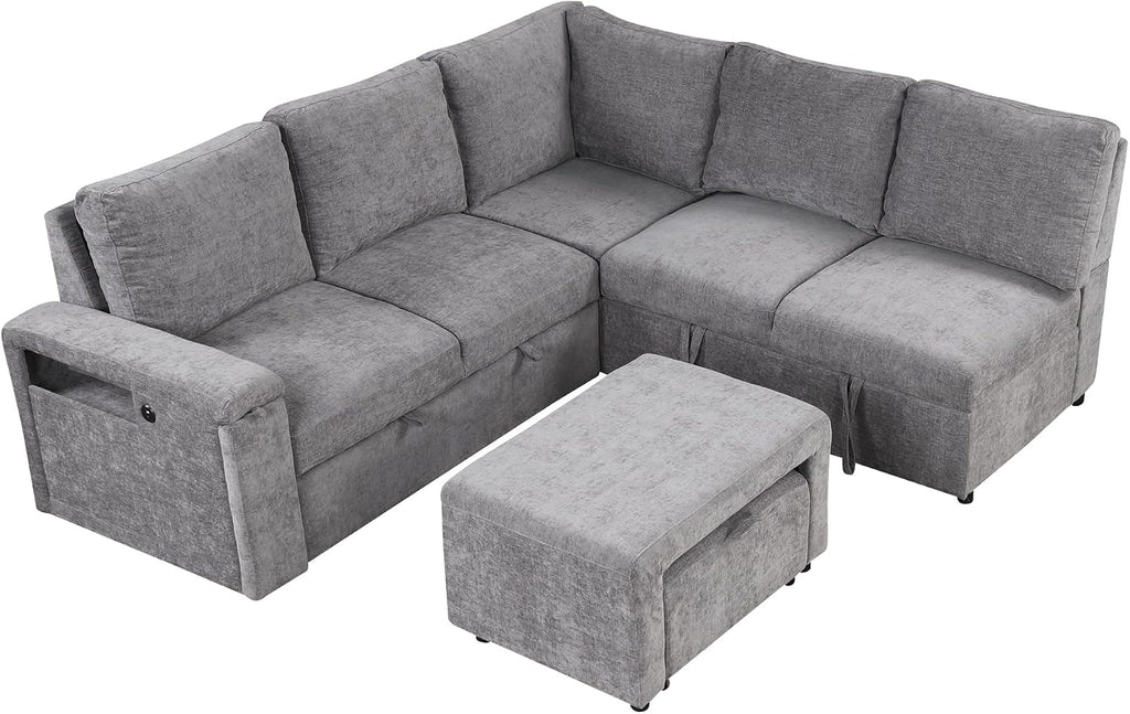 LUMISOL 90' Convertible Sleeper Sofa Bed with Ottoman, L-Shaped Sectional Sofa Bed with USB Ports, Cup Holders & Storage, Modular Sofa Pull Out Couch Bed with Storage Chaise for Living Room, Gray