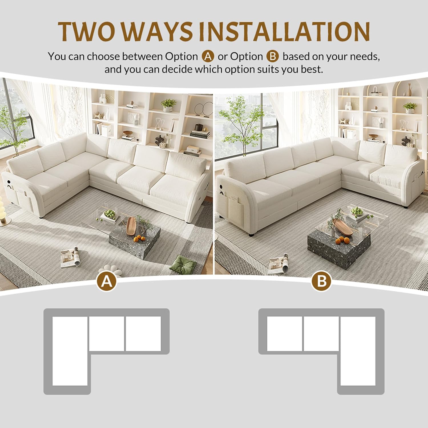 ITVZ King Size Sleeper Sofas Convertible Couches, White L Shaped Sectional Couch with Pull Out Bed, Oversized 6-Seat Sectional Sofa with Convert Left/Right Facing and USB Port for Living Room