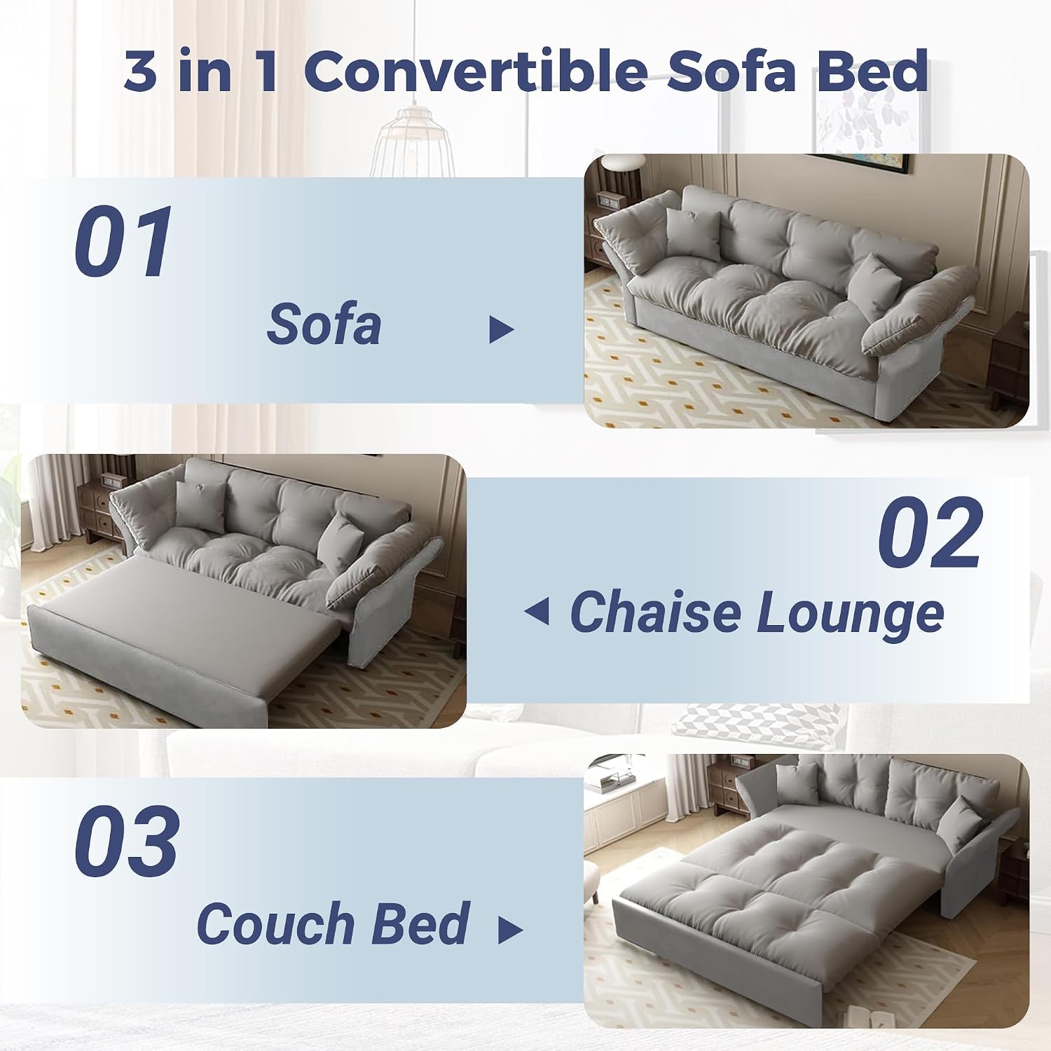 74.8' Queen Size Sleeper Sofa with Pull Out Bed, 3-in-1 Convertible Loveseat Sofa with 2 Pillows, Portable Pull Out Chaise for Living Room Apartment Small Spaces, Grey