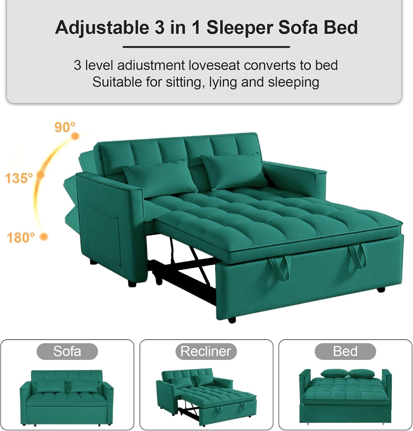 55in Pull Out Sofa Bed, 3 in 1 Convertible Sleeper Sofa Bed with Side Pockets & Adjustable Backrest, Velvet Fabric Loveseat Pull Out Couch for Living Room Bedroom Apartment & RV, Green