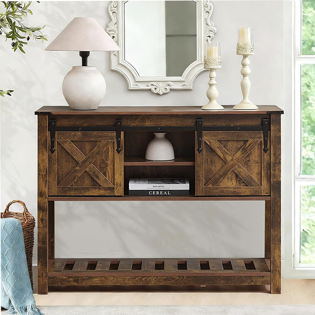 Brown Farmhouse Entryway Table, Rustic Hallway Table with Storage Shelf, Sofa Table with Sliding Barn Doors for Hallway, Entryway, Living Room, Foyer