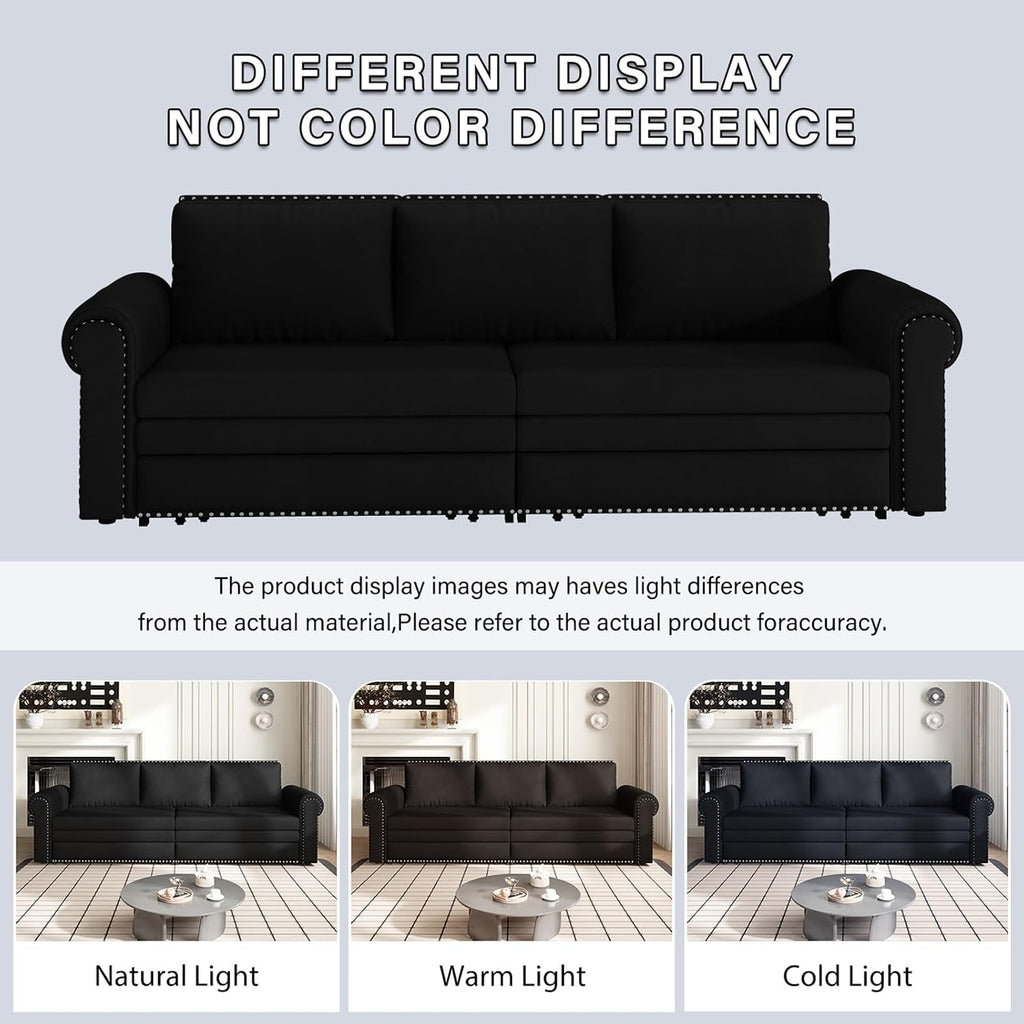 3 in 1 Convertible Sleeper Sofa Bed, 93.7' King Size Sofa Sleeper with Pull Out Bed, Velvet Folding Loveseat Sofa 3-Seater with Deep Seat, Nailhead Trim & Rolled Arm for Living Room
