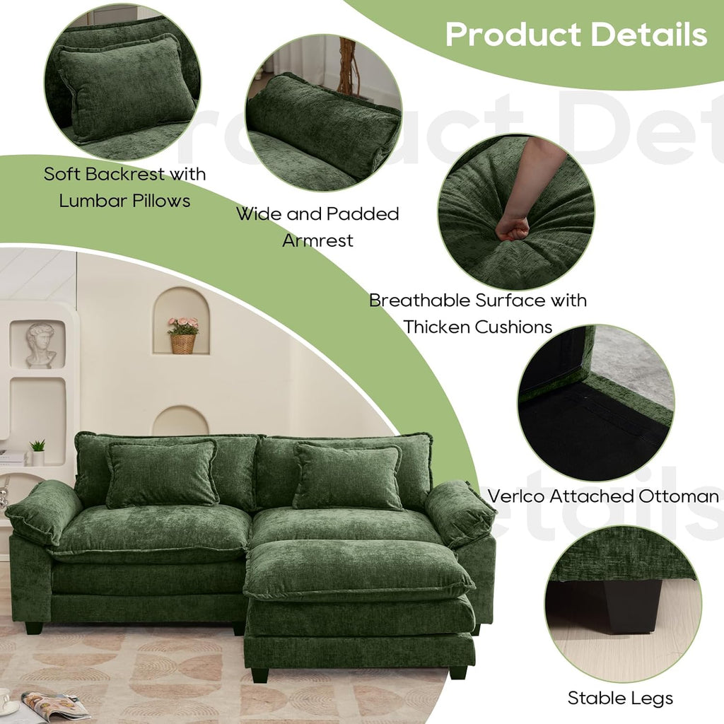 Oprisen 86' Modular Sectional Sofa, Comfy Cloud Couch Sectional Sofa with Ottoman, Chenille Sofa Sleeper Deep Seat Sofa with Throw Pillows for Living Room (Green, 86'- L Shape)