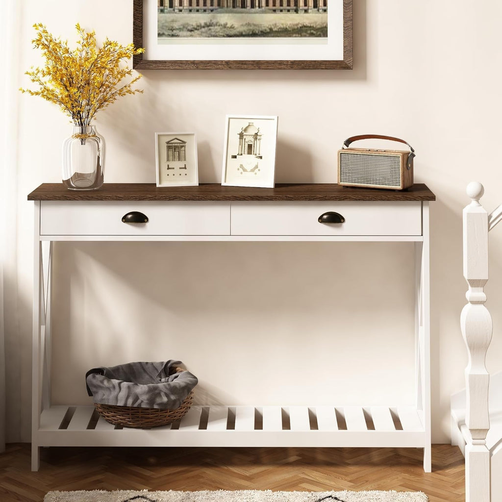 ChooChoo 47' Farmhouse Console Table with Drawer for Entryway, Narrow Long Entry Table with Shelf for Living Room, Rustic Vintage Hallway Sofa Table with Stable X Supports, White