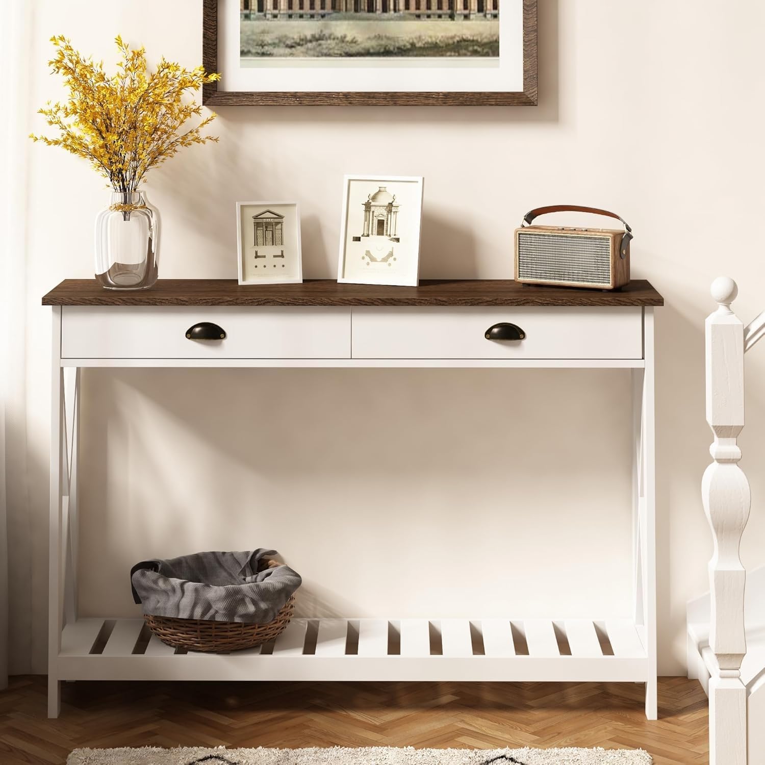 ChooChoo 47' Farmhouse Console Table with Drawer for Entryway, Narrow Long Entry Table with Shelf for Living Room, Rustic Vintage Hallway Sofa Table with Stable X Supports, White