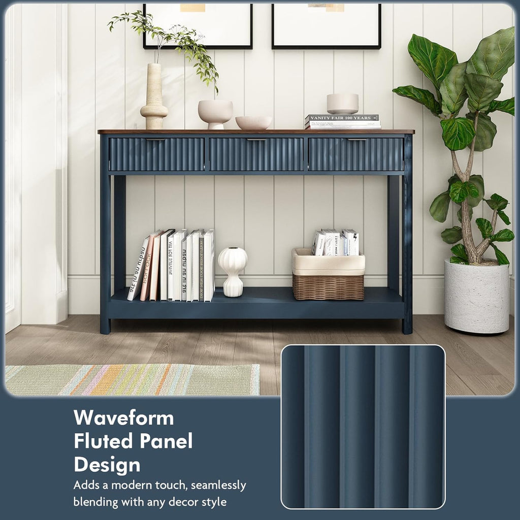 HOKYHOKY Fluted Console Table with Drawers, Modern 47.1' Entryway Table with Storage Shelf, Boho Narrow Skinny Behind Couch Wood Sofa Table for Living Room Hallway Entrance Foyer, Blue