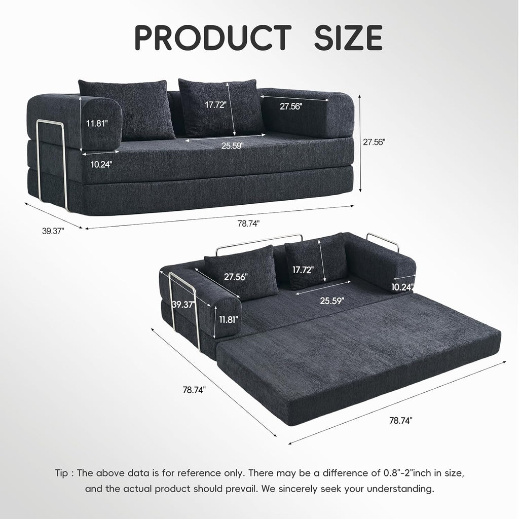 5-in-1 Convertible Folding Sofa Bed, 79' Queen Chenille Boneless Couch with Removable Armrests, No Assembly Loveseat Sleeper Sofa, Modular Futon Couch for Living Room & Bedroom (Black)